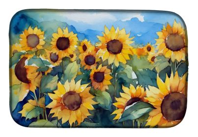 Sunflowers in Watercolor Dish Drying Mat Absorbent Dish Drying Mat Pad for Kitchen Counter Dish Drainer Mat for Countertop, 14 x 21", Multicolor