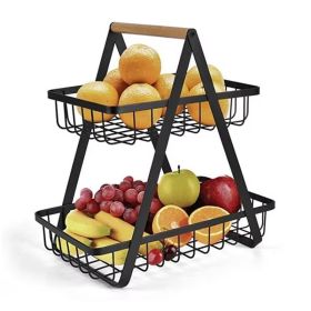 2 Tier Countertop Fruit Basket Black Rectangular Metal Wire Storage Stand For Kitchen Counter Or Dining Table Fruit Vegetable Bread Snack Organiz (Option: Black)